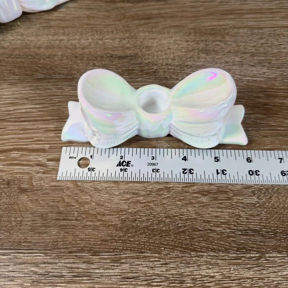 Target Bullseye Iridescent Ceramic Bow Taper Candle Holders Set of 2 READ DESC